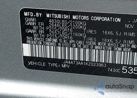 2019 Mitsubishi Eclipse Cross Es z USA, uszkodzony, nr VIN JA4AT3AA1KZ023963